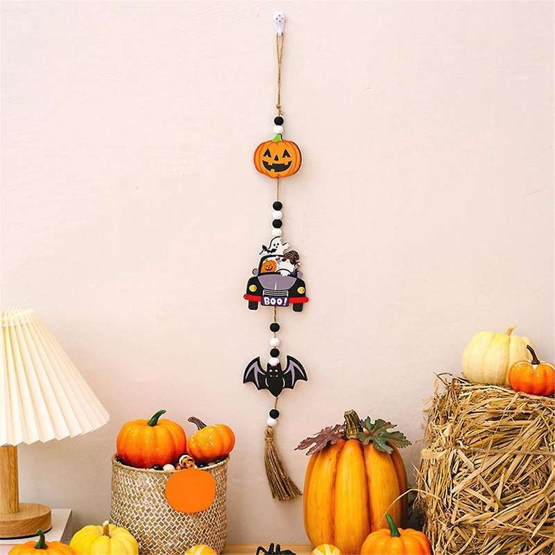 Halloween Wood Bead Garland with Pumpkin Bat Ghost- Rustic Pendant Wall Hanging Garland Beaded Tiere