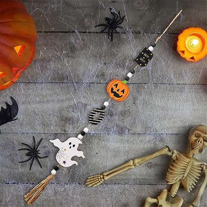Halloween Wood Bead Garland with Pumpkin Bat Ghost- Rustic Pendant Wall Hanging Garland Beaded Tiere
