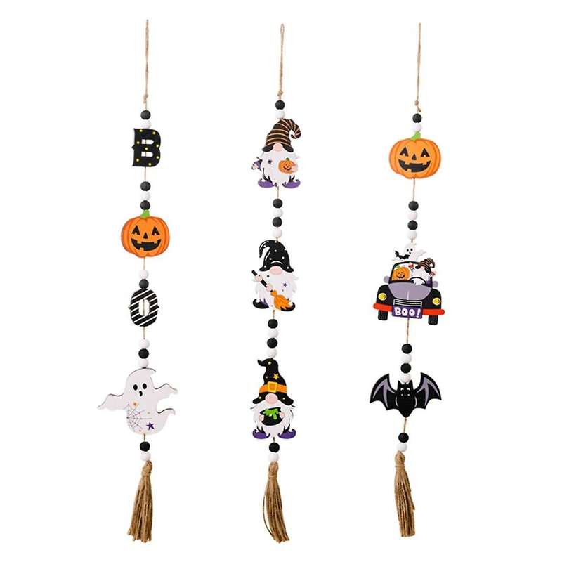 Halloween Wood Bead Garland with Pumpkin Bat Ghost- Rustic Pendant Wall Hanging Garland Beaded Tiere