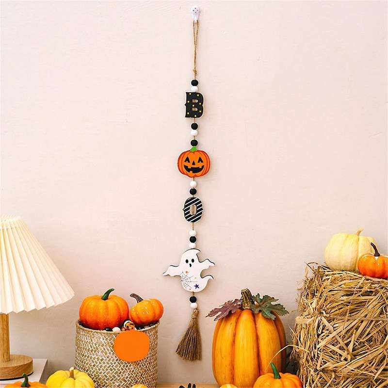 Halloween Wood Bead Garland with Pumpkin Bat Ghost- Rustic Pendant Wall Hanging Garland Beaded Tiere