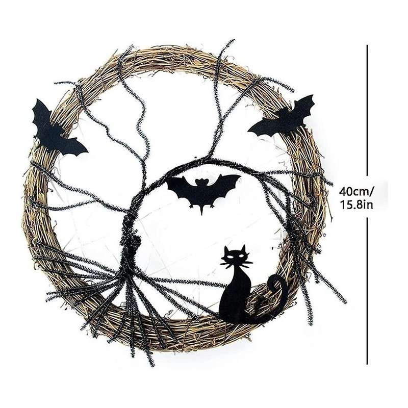 Halloween Wreaths for Front Door, 15.8inch Lighted Up Bat and Halloween Wreath with Purple Led Light
