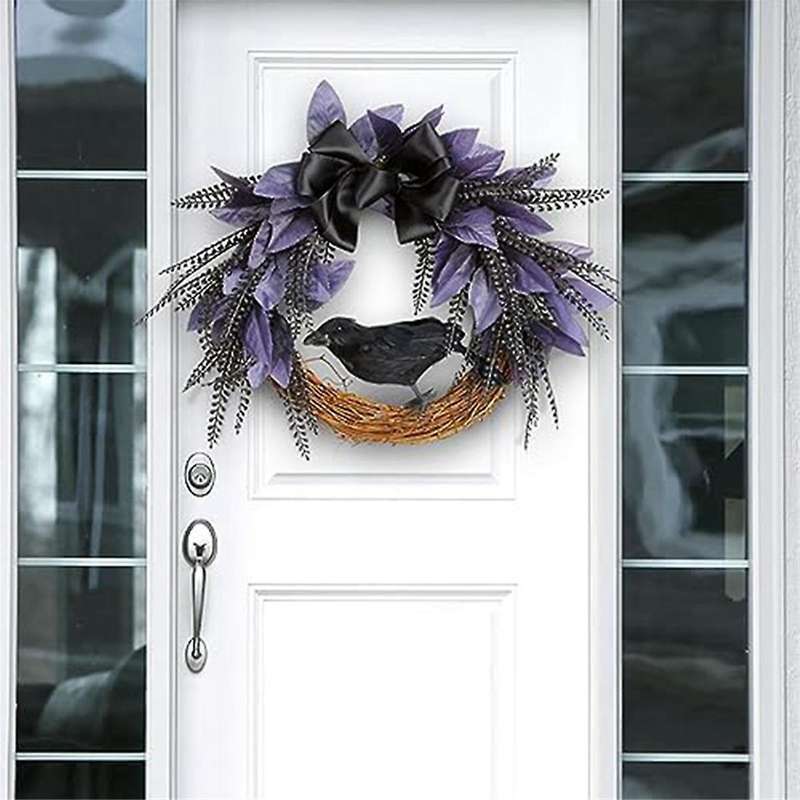 Halloween Wreath for Front Door, Halloween Crow Wreath with Bow Tie for Halloween Decoraion Artifici