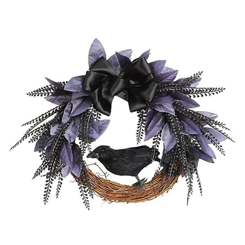 Halloween Wreath for Front Door, Halloween Crow Wreath with Bow Tie for Halloween Decoraion Artifici
