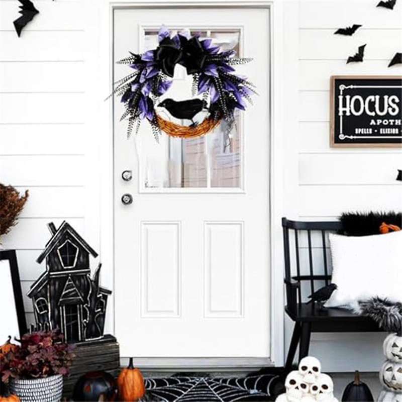 Halloween Wreath for Front Door, Halloween Crow Wreath with Bow Tie for Halloween Decoraion Artifici