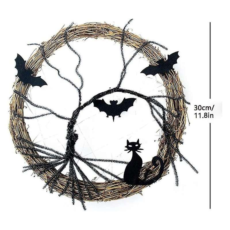 Halloween Wreaths for Front Door, 11.8inch Lighted Up Bat and Halloween Wreath with Purple Led Light