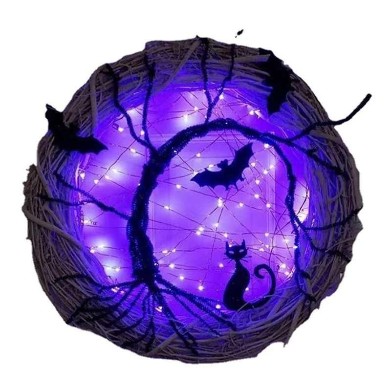 Halloween Wreaths for Front Door, 11.8inch Lighted Up Bat and Halloween Wreath with Purple Led Light