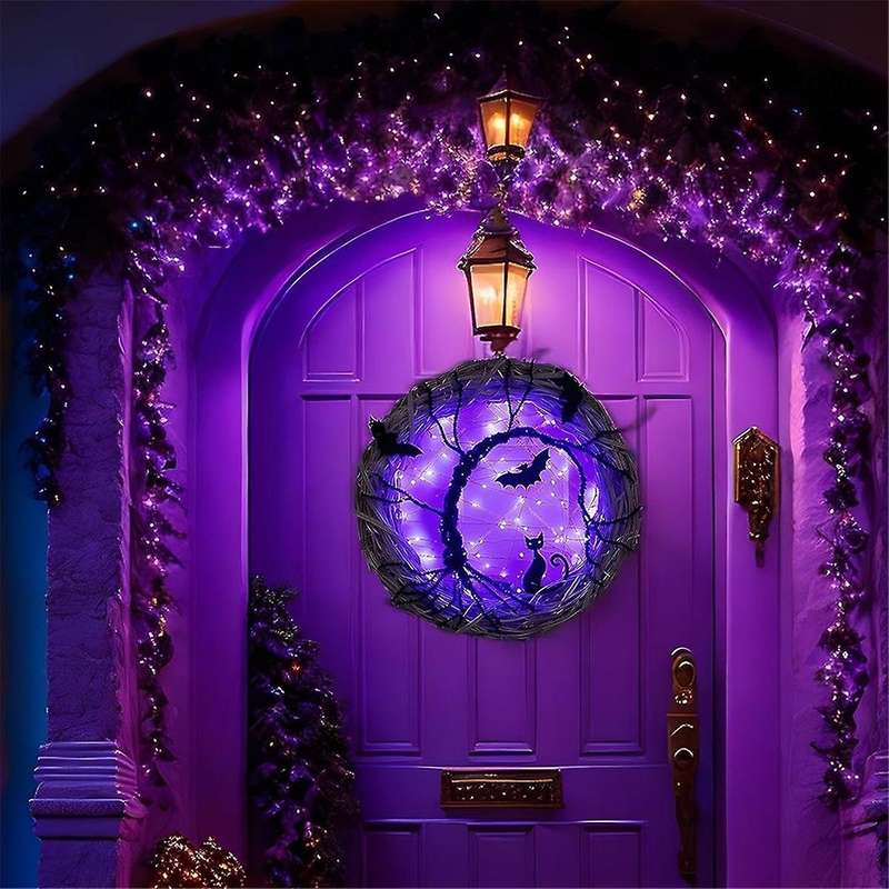 Halloween Wreaths for Front Door, 11.8inch Lighted Up Bat and Halloween Wreath with Purple Led Light