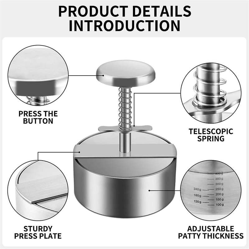 Hamburger Press,Round Burger Patty Maker,Non-Stick Adjustable Stainless Steel Hamburger Press Patty