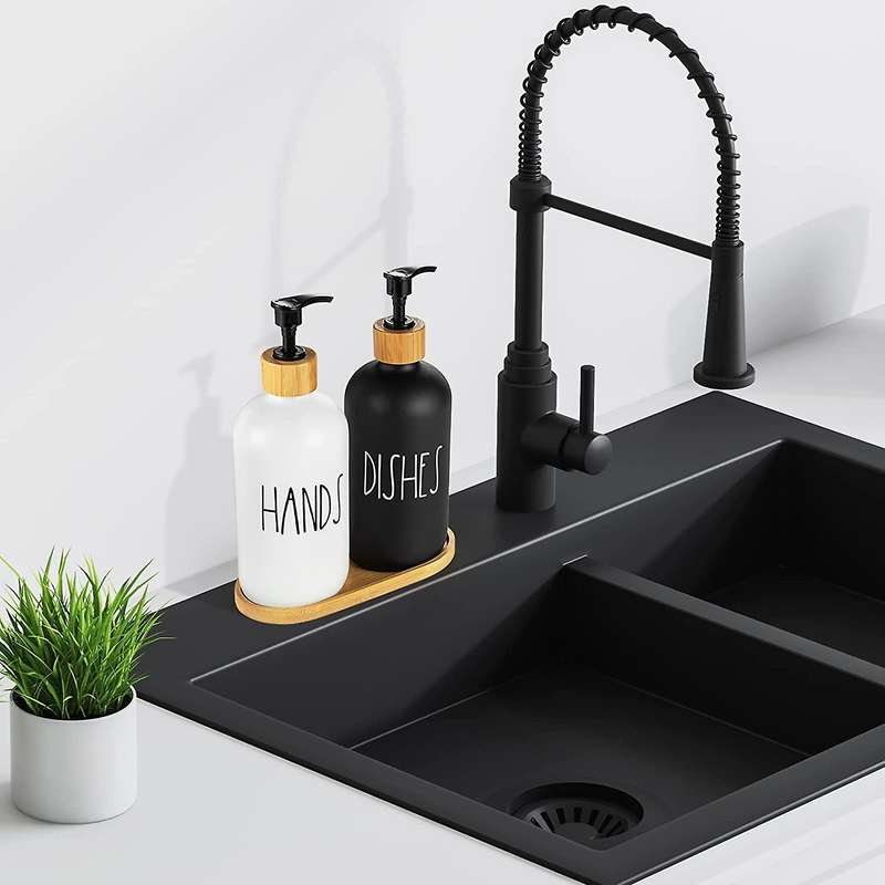 Hand and Dish Soap Dispenser for Kitchen Sink - Farmhouse Kitchen Soap Dispenser Set with Tray (bla