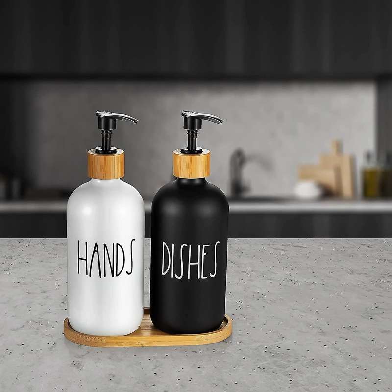 Hand and Dish Soap Dispenser for Kitchen Sink - Farmhouse Kitchen Soap Dispenser Set with Tray (bla