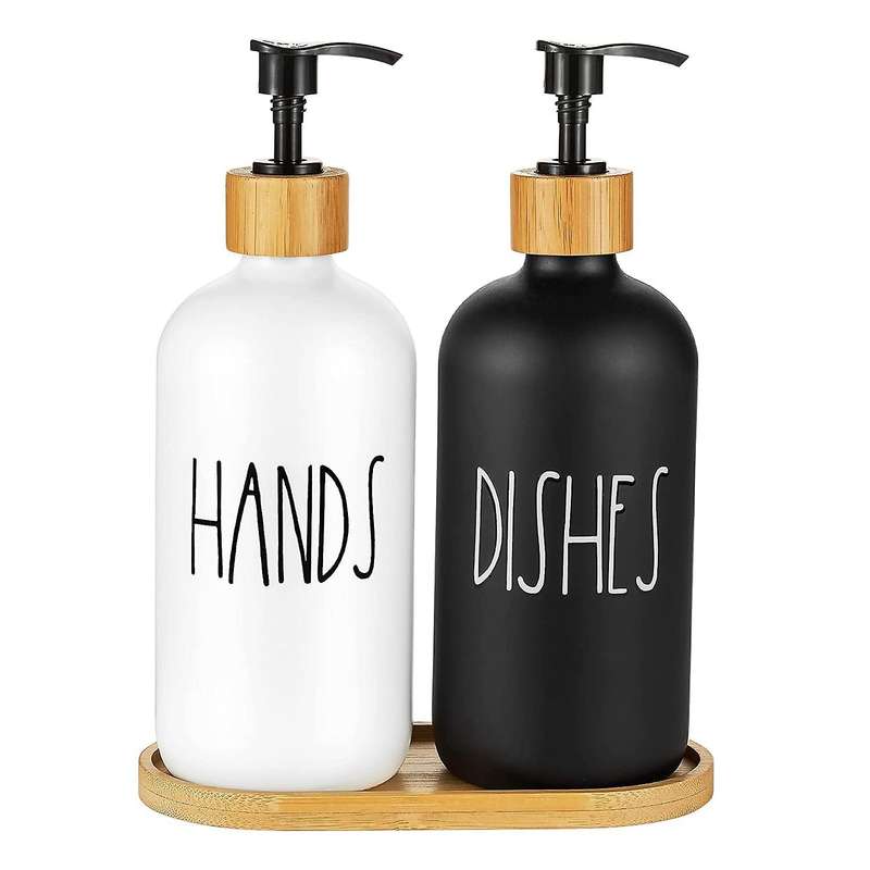 Hand and Dish Soap Dispenser for Kitchen Sink - Farmhouse Kitchen Soap Dispenser Set with Tray (bla