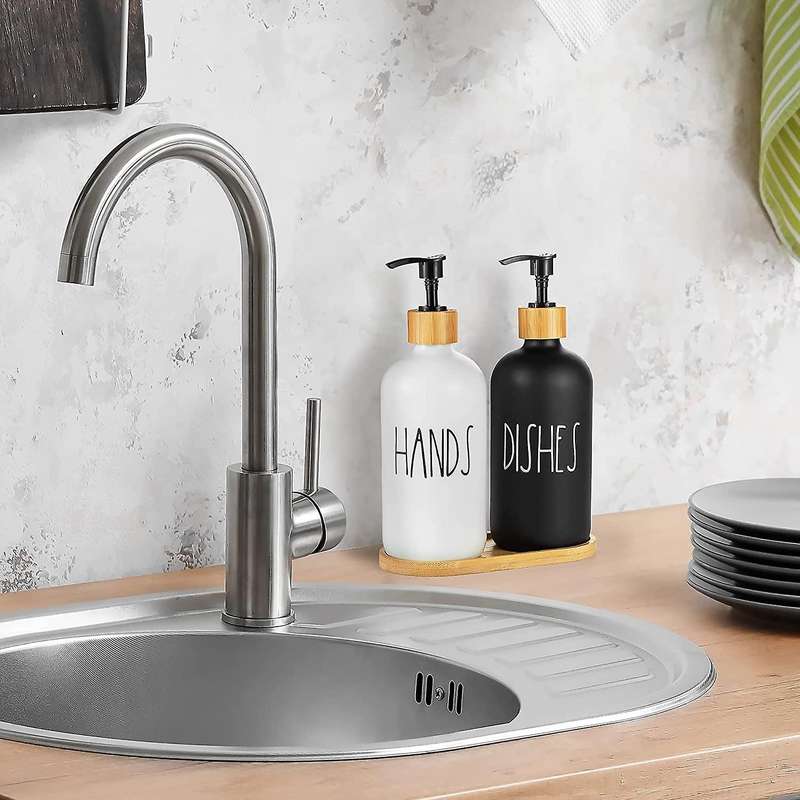 Hand and Dish Soap Dispenser for Kitchen Sink - Farmhouse Kitchen Soap Dispenser Set with Tray (bla