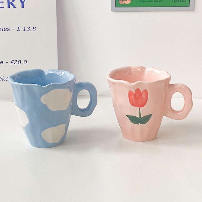 Handmade Ceramic Mugs Hand Painted and Cloud Irregular Coffee Cup for Tea Milk Gifts Cup(blue)