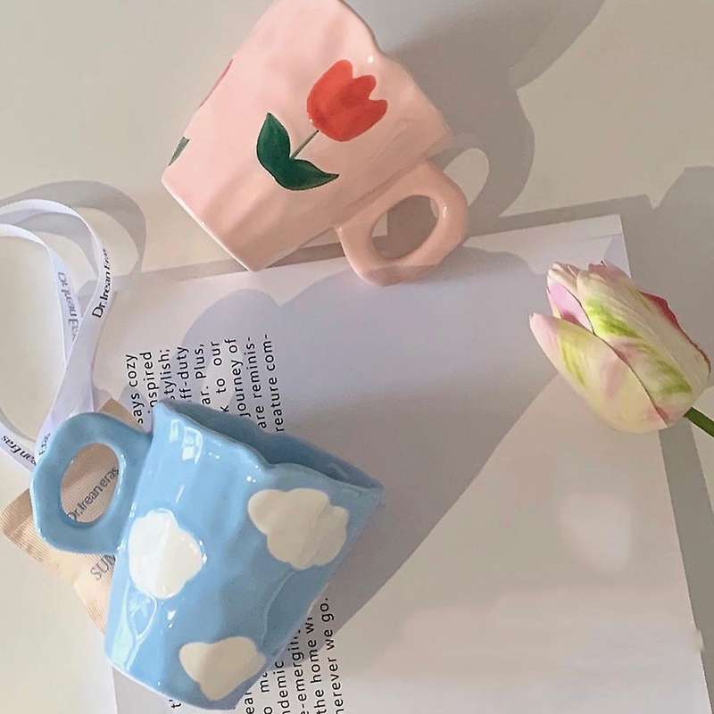 Handmade Ceramic Mugs Hand Painted and Cloud Irregular Coffee Cup for Tea Milk Gifts Cup(blue)