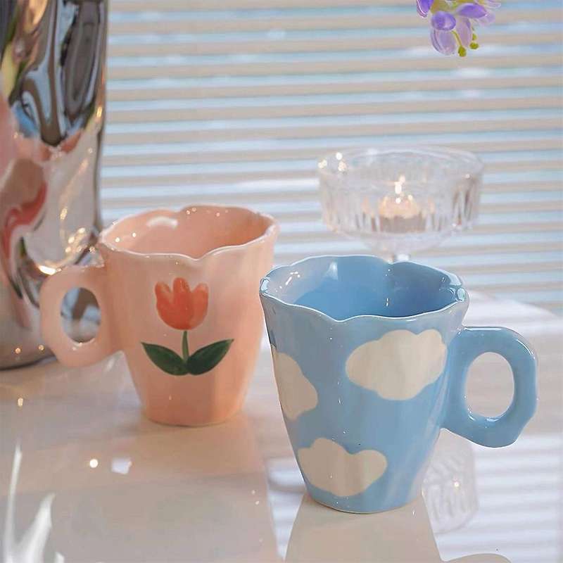 Handmade Ceramic Mugs Hand Painted and Cloud Irregular Coffee Cup for Tea Milk Gifts Cup(blue)