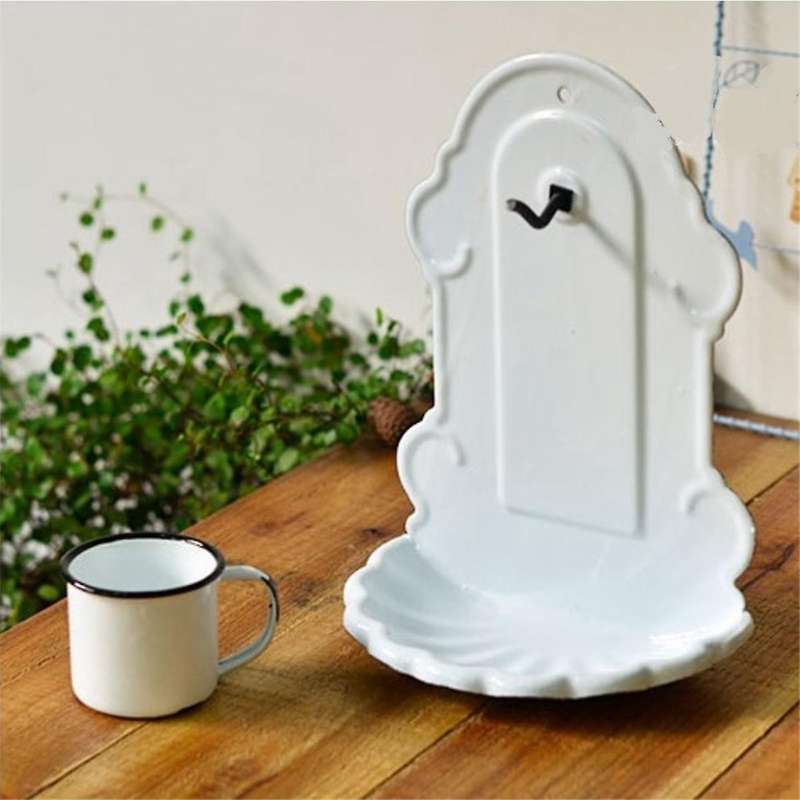 Handmade Enamel Vintage Embossed Soap Holder Rack Stand with Hook Tooth-brushing Cup Wall Hanging Ba