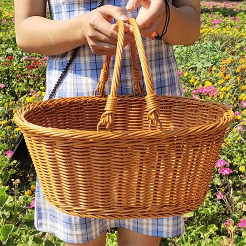Handmade Imitation Rattan Picnic Basket with Handle Camping Picnic Willow Weaving Storage Hamper Ou