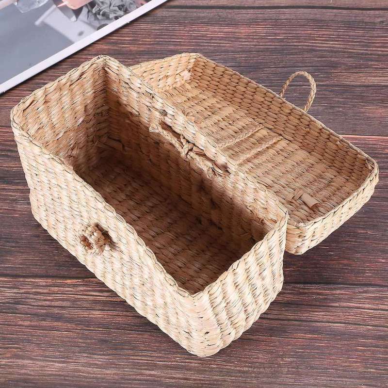 Handmade Rattan Small Storage Box with Lid for Bulk Sundries Organizer Vintage Straw Basket Jewelry