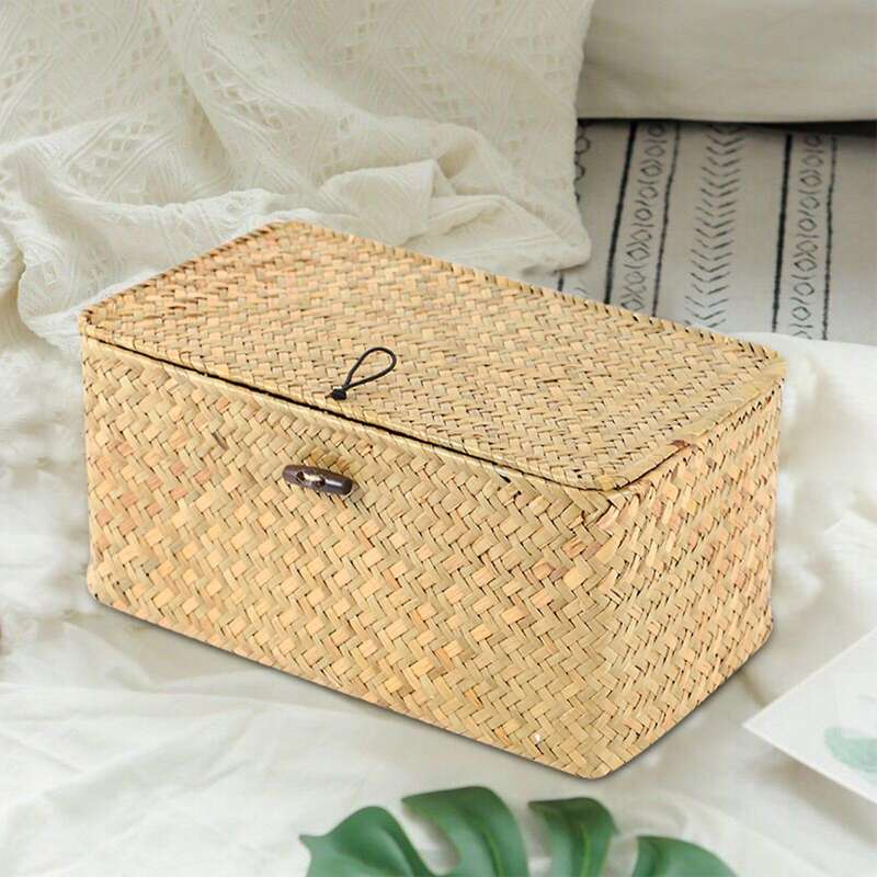 Handmade Straw Woven Storage Basket with Lid Makeup Organizer Storage Box Seagrass Laundry Baskets
