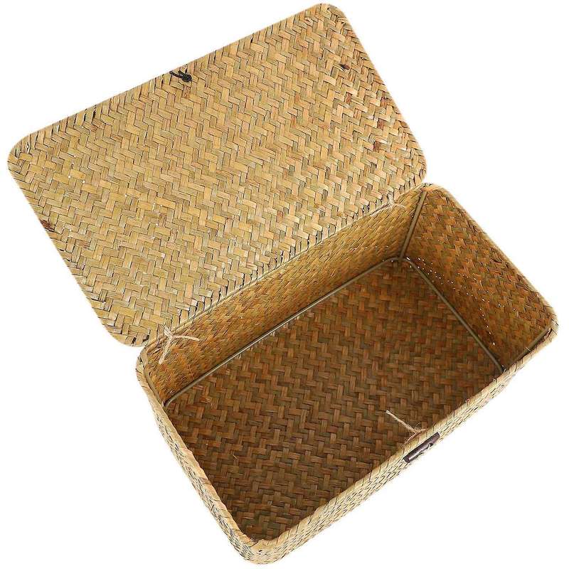 Handmade Straw Woven Storage Basket with Lid Makeup Organizer Storage Box Seagrass Laundry Baskets