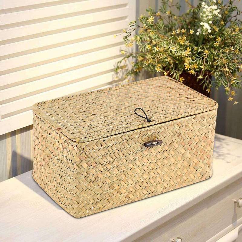Handmade Straw Woven Storage Basket with Lid Makeup Organizer Storage Box Seagrass Laundry Baskets