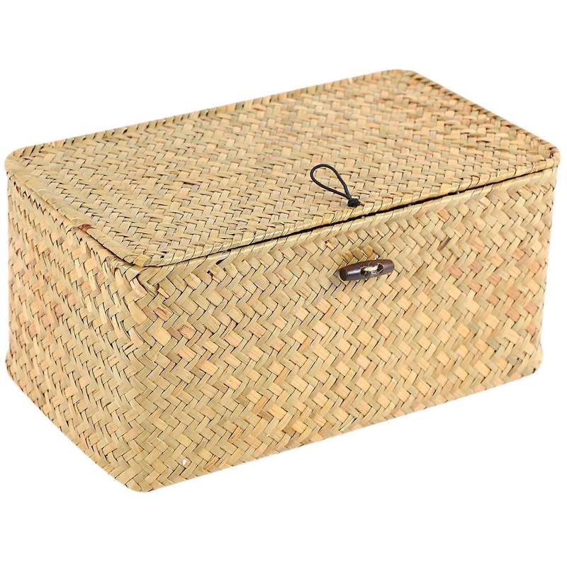 Handmade Straw Woven Storage Basket with Lid Makeup Organizer Storage Box Seagrass Laundry Baskets