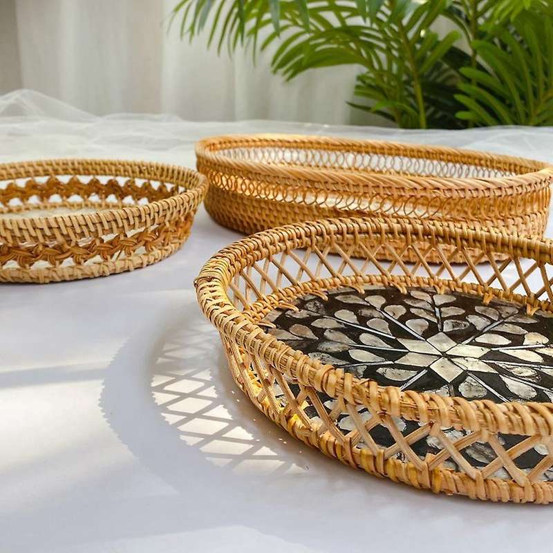 Handmade Woven Rattan Basket Fruit Cake Snack Coffee Plate Dinner Serving Tray Table Storage Contain