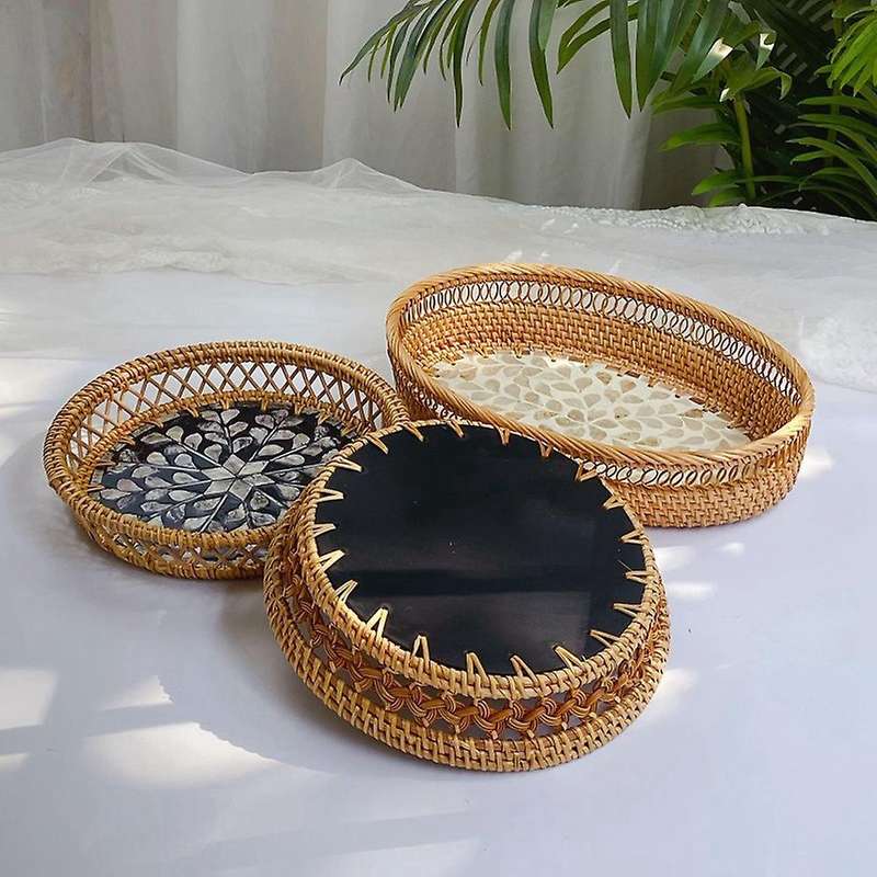 Handmade Woven Rattan Basket Fruit Cake Snack Coffee Plate Dinner Serving Tray Table Storage Contain