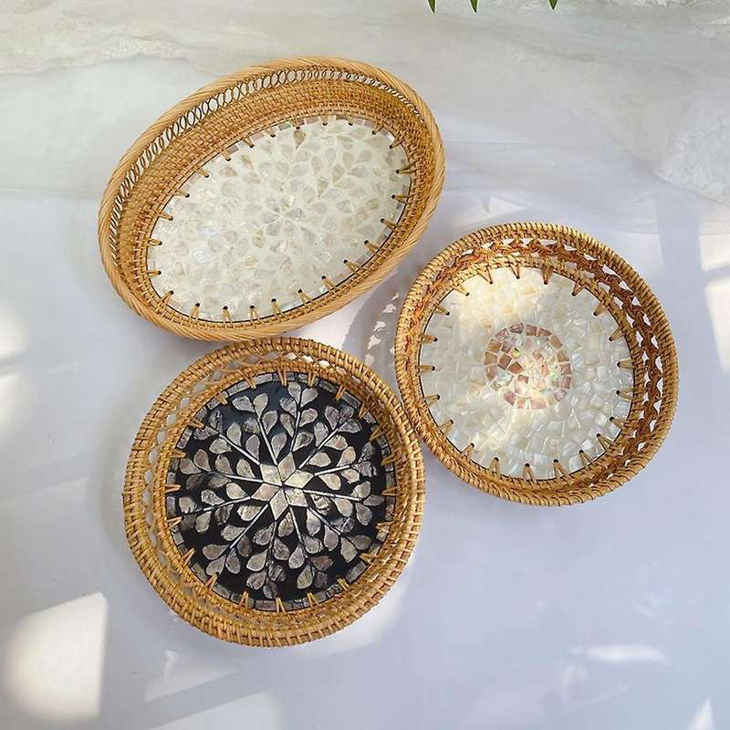 Handmade Woven Rattan Basket Fruit Cake Snack Coffee Plate Dinner Serving Tray Table Storage Contain