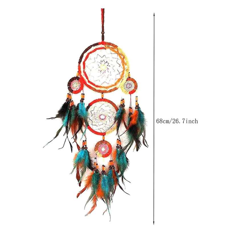 Handwoven Five Ring Colorful Feather Dream Catcher Net, Wall Decoration, Handmade Dream Catcher Net