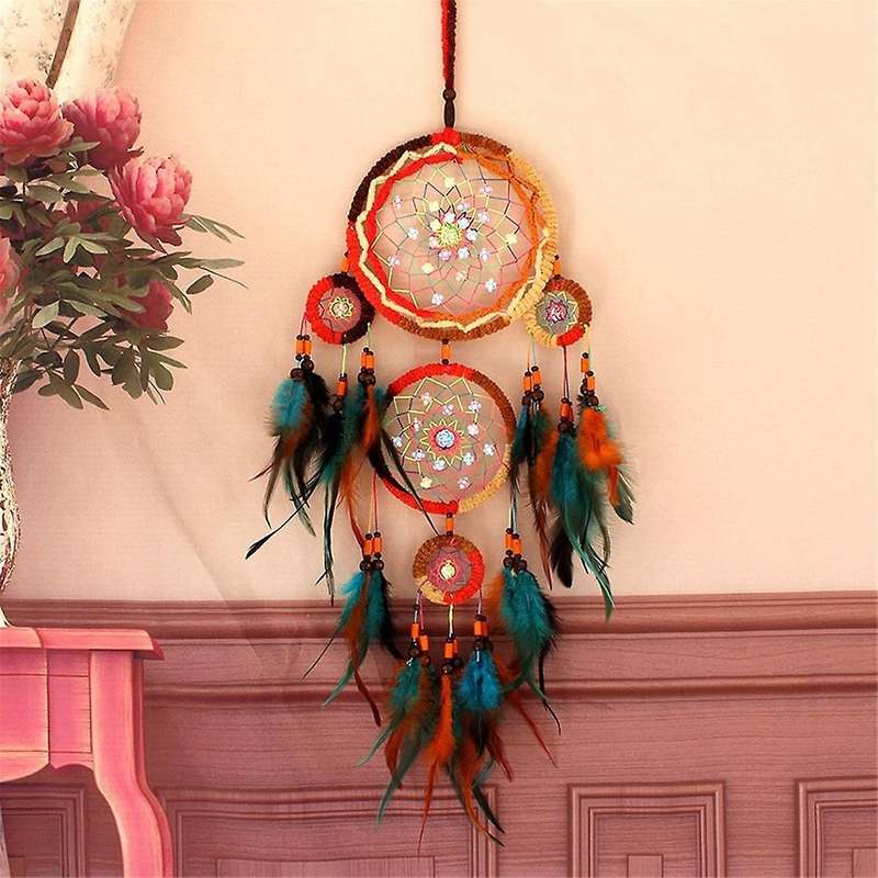 Handwoven Five Ring Colorful Feather Dream Catcher Net, Wall Decoration, Handmade Dream Catcher Net