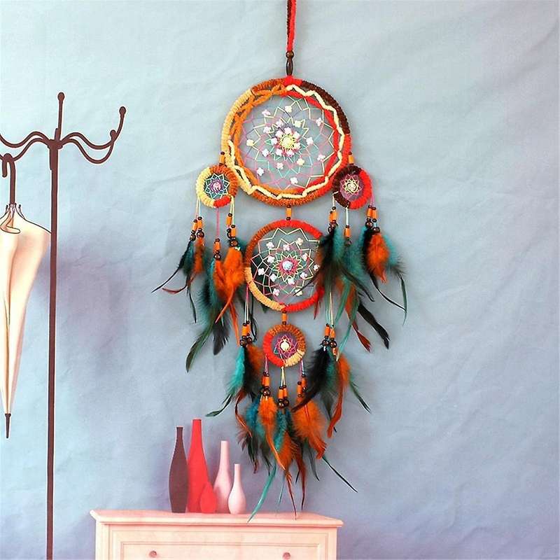 Handwoven Five Ring Colorful Feather Dream Catcher Net, Wall Decoration, Handmade Dream Catcher Net