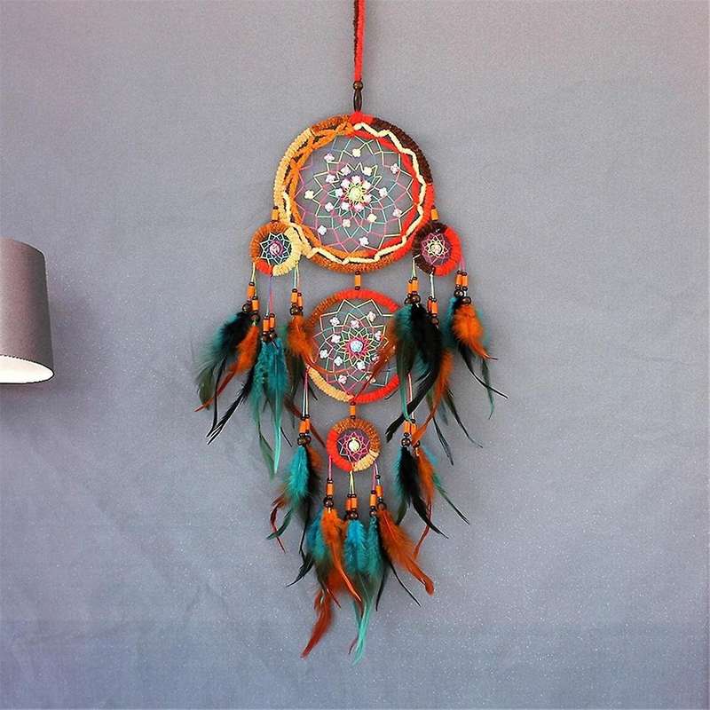 Handwoven Five Ring Colorful Feather Dream Catcher Net, Wall Decoration, Handmade Dream Catcher Net