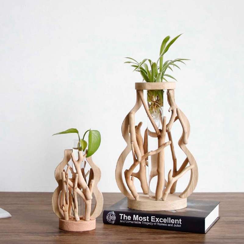 Handwork Wooden Vase, Solid Wood Flower Pot for Glass Floral Hydroponic Container Home Decorative Va