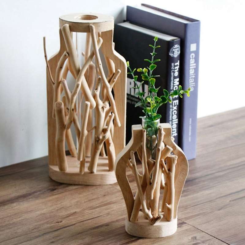 Handwork Wooden Vase, Solid Wood Flower Pot for Glass Floral Hydroponic Container Home Decorative Va