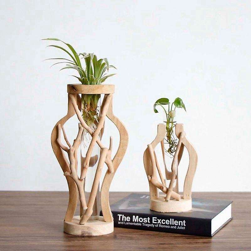 Handwork Wooden Vase, Solid Wood Flower Pot for Glass Floral Hydroponic Container Home Decorative Va