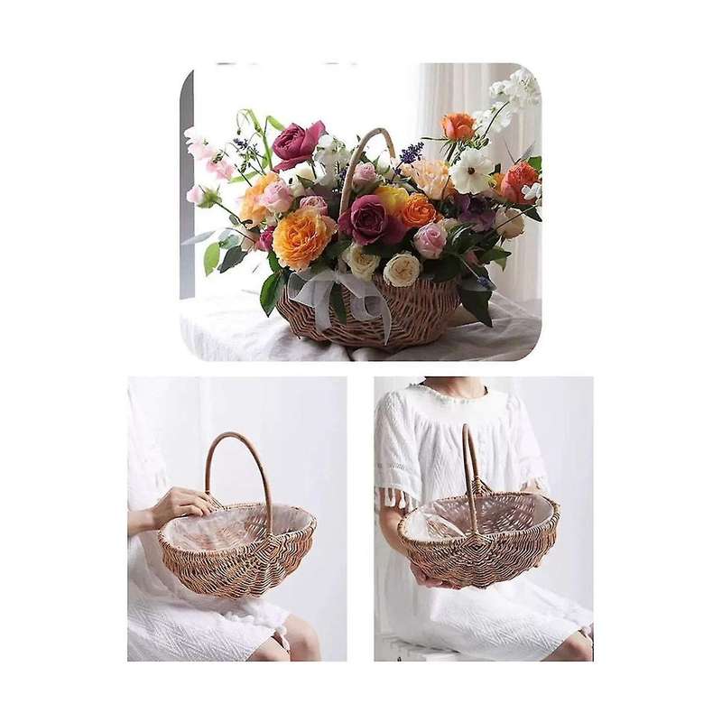Handwoven Flower Girl Basket with Handle, Willow Storage Basket Empty Wicker Picnic Basket, Wedding