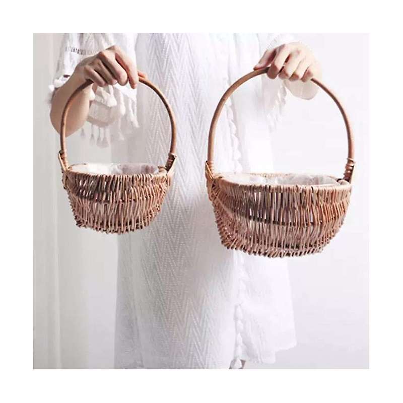 Handwoven Flower Girl Basket with Handle, Willow Storage Basket Empty Wicker Picnic Basket, Wedding