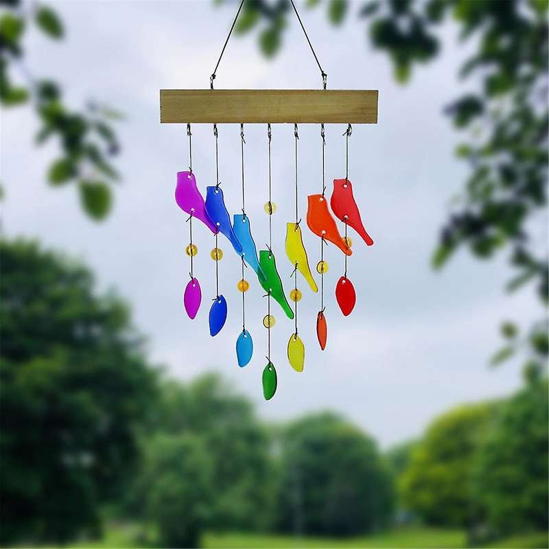 Handwork Crystal Glass & Driftwood Chimes, Sandblasted Glass and Wood Handcrafted Wind Chimes, Birds