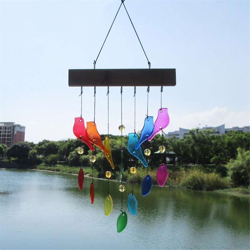 Handwork Crystal Glass & Driftwood Chimes, Sandblasted Glass and Wood Handcrafted Wind Chimes, Birds