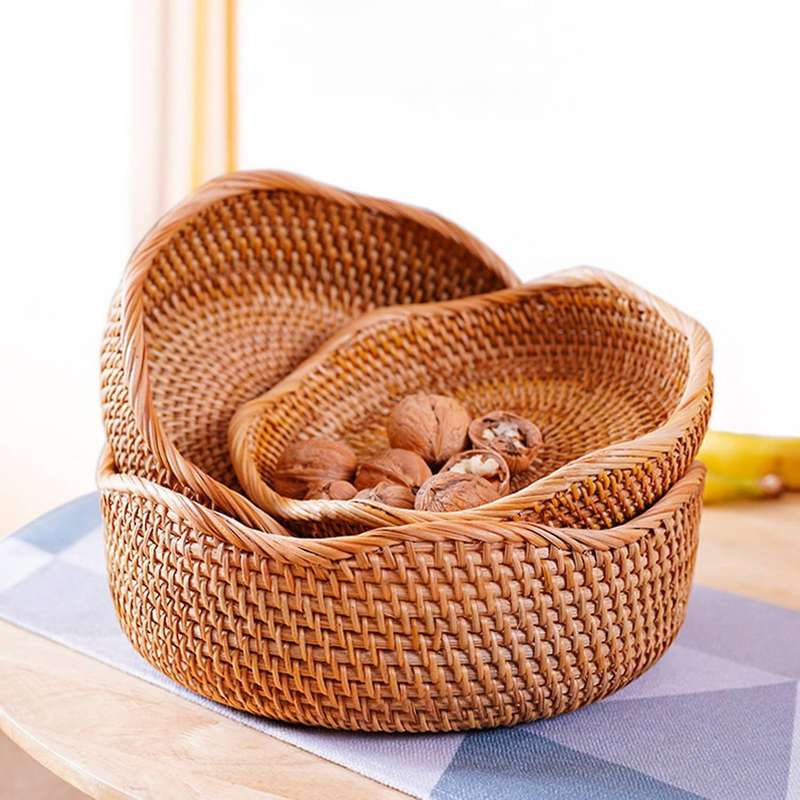 Handwoven Round Rattan Fruit Basket Wicker Basket Picnic Tray Food Storage Basket Fruit Bread Food S