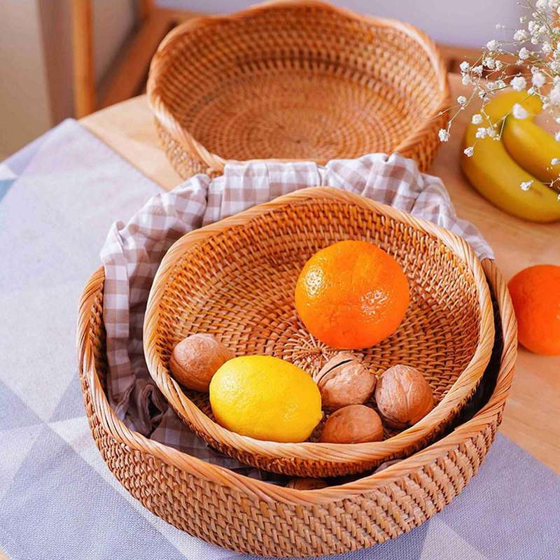 Handwoven Round Rattan Fruit Basket Wicker Basket Picnic Tray Food Storage Basket Fruit Bread Food S