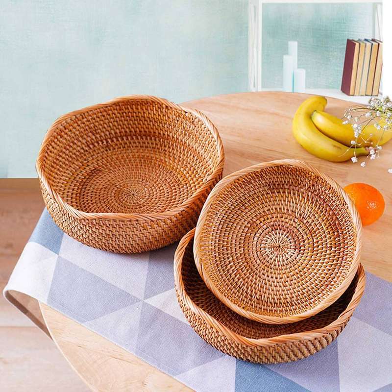 Handwoven Round Rattan Fruit Basket Wicker Basket Picnic Tray Food Storage Basket Fruit Bread Food S