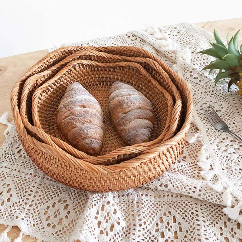 Handwoven Round Rattan Fruit Basket Wicker Basket Picnic Tray Food Storage Basket Fruit Bread Food S