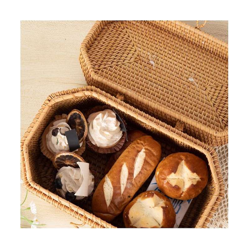 Handwoven Rattan Storage Box with Handle Tea Food Container Picnic Bread Fruit Basket Ornament Box K