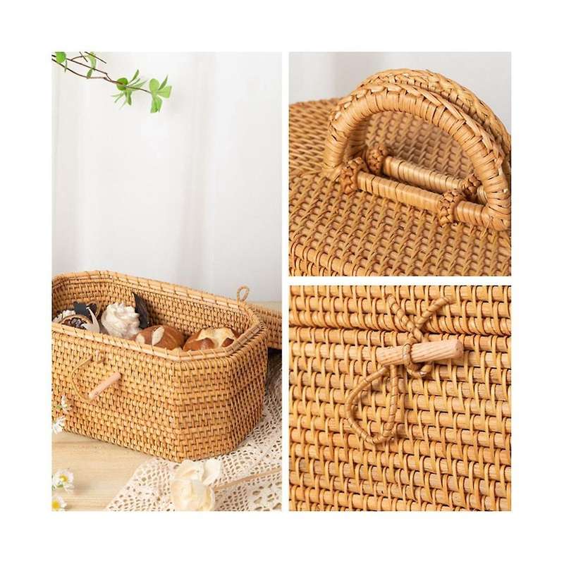 Handwoven Rattan Storage Box with Handle Tea Food Container Picnic Bread Fruit Basket Ornament Box K