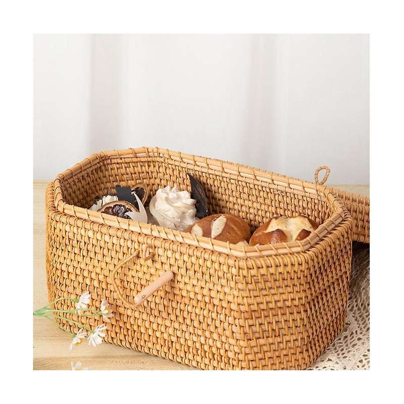 Handwoven Rattan Storage Box with Handle Tea Food Container Picnic Bread Fruit Basket Ornament Box K
