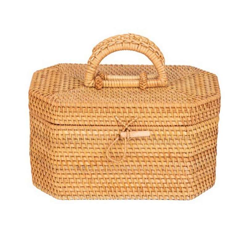 Handwoven Rattan Storage Box with Handle Tea Food Container Picnic Bread Fruit Basket Ornament Box K