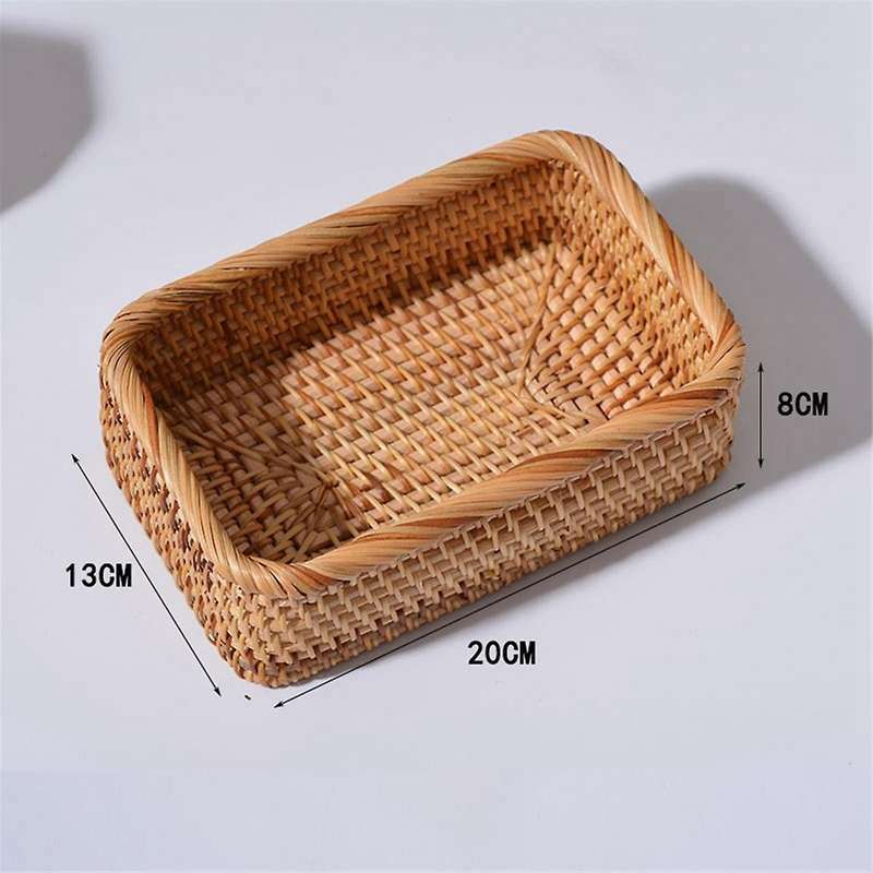 Hand-Woven Rattan Wicker Basket Fruit Tea Snack Bread Basket Cosmetic Rectangular Storage Box Househ