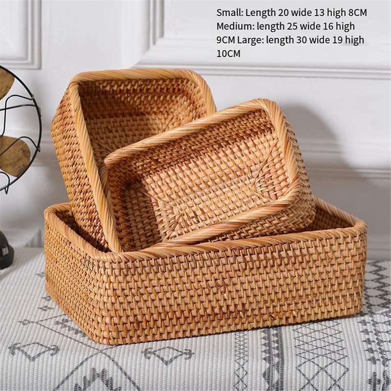 Hand-Woven Rattan Wicker Basket Fruit Tea Snack Bread Basket Cosmetic Rectangular Storage Box Househ